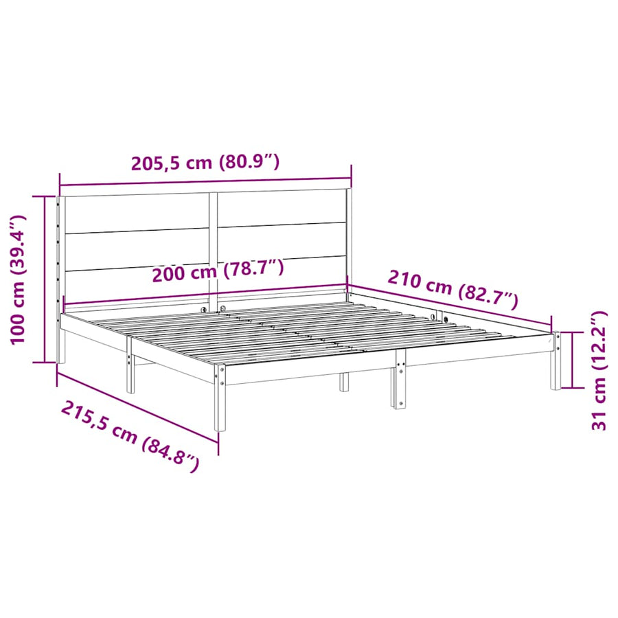 Bedframe Extra Lang Zonder Matras Massief Hout 200 x 210 cm Naturel