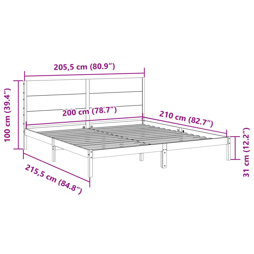 Bedframe extra lang zonder matras massief hout wit 200x210 cm