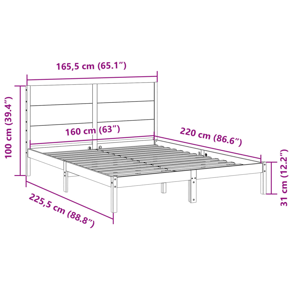 Bedframe extra lang zonder matras massief hout 160x220 cm