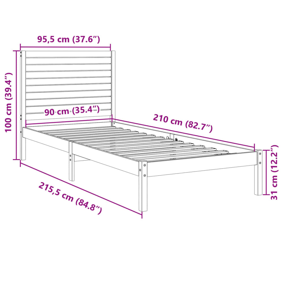 Bedframe extra lang zonder matras massief hout 90x210 cm