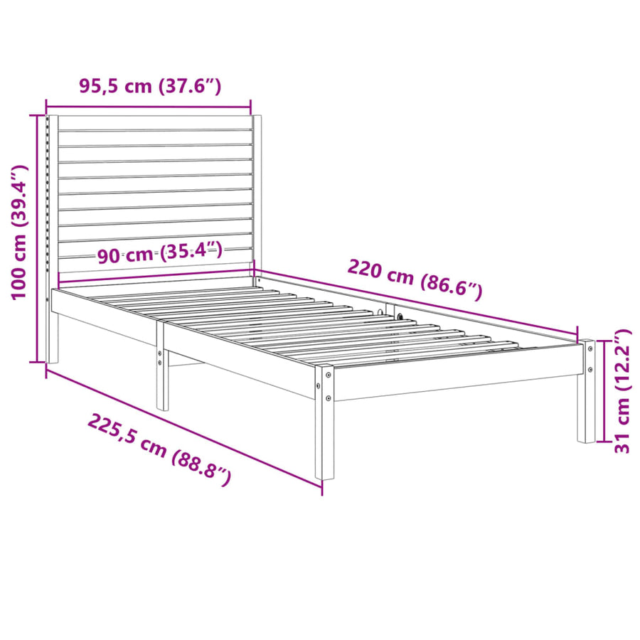 Bedframe extra lang zonder matras massief hout 90x220 cm
