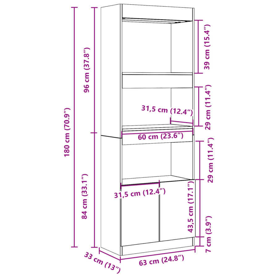 Hoge kast 63x33x180 cm bewerkt hout grijs sonoma eikenkleurig