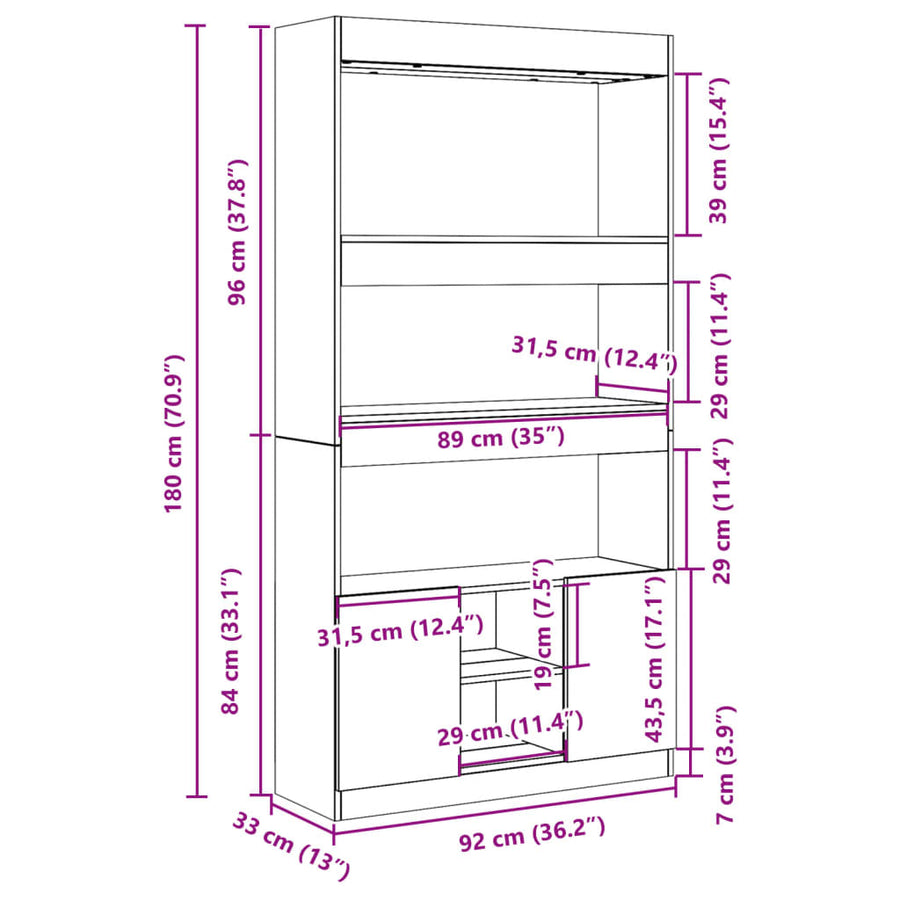 Hoge kast 92x33x180 cm bewerkt hout grijs sonoma eikenkleurig