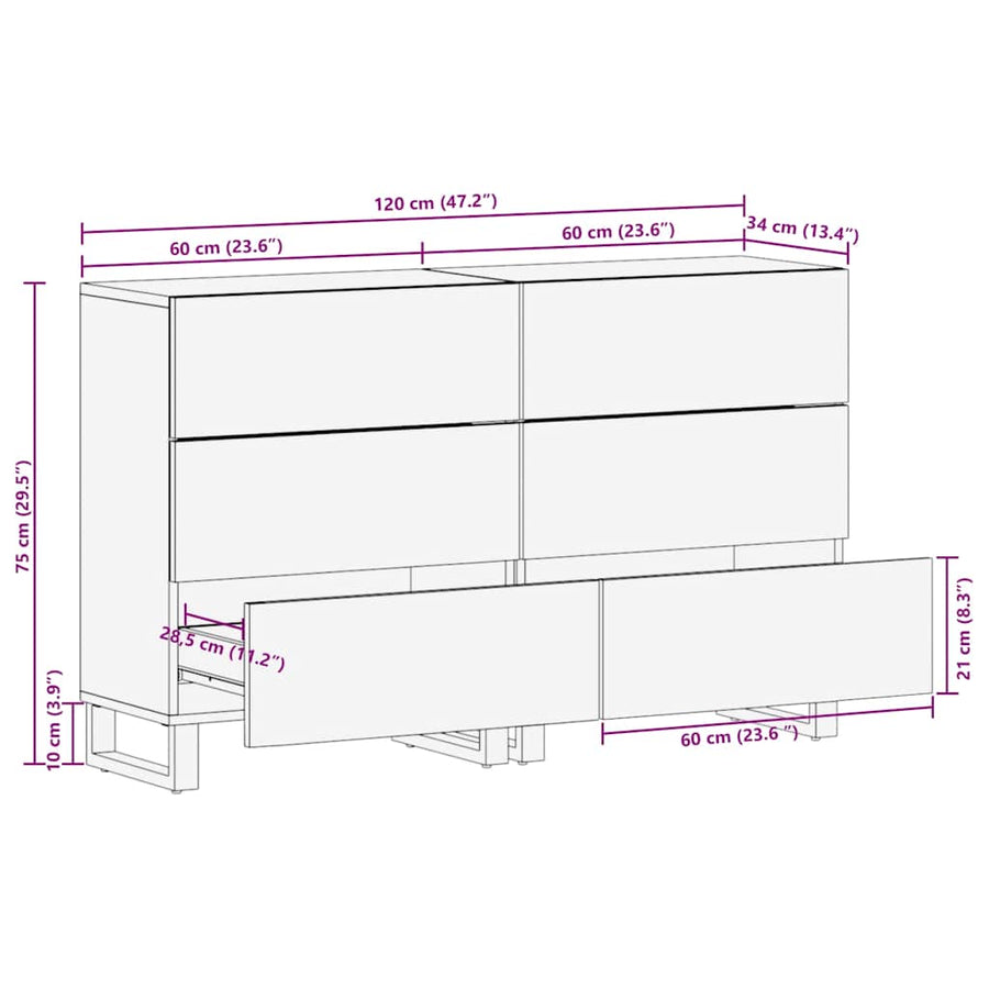 Dressoirs 2 st 60x33x75 cm massief mangohout zwart