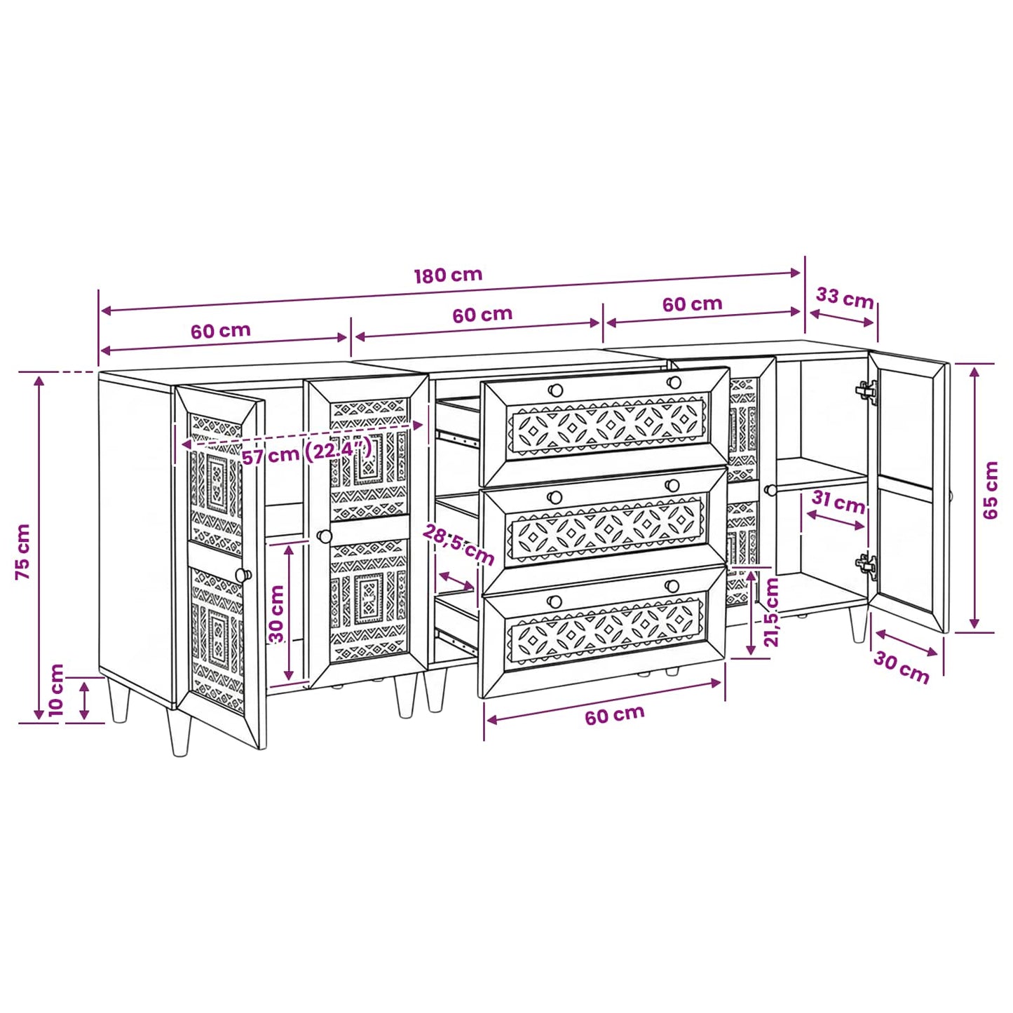 Dressoir 3 st 180 x 33,5 x 75 cm massief mangohout Bruin