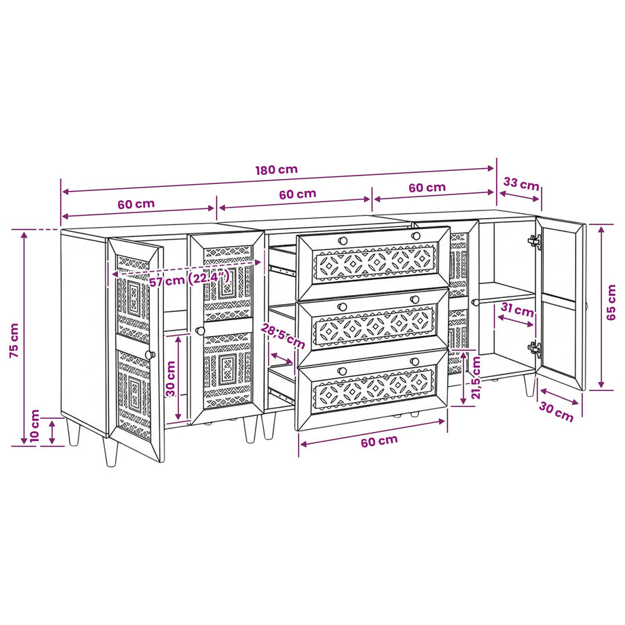 Dressoir 3 st 180 x 33,5 x 75 cm massief mangohout Bruin