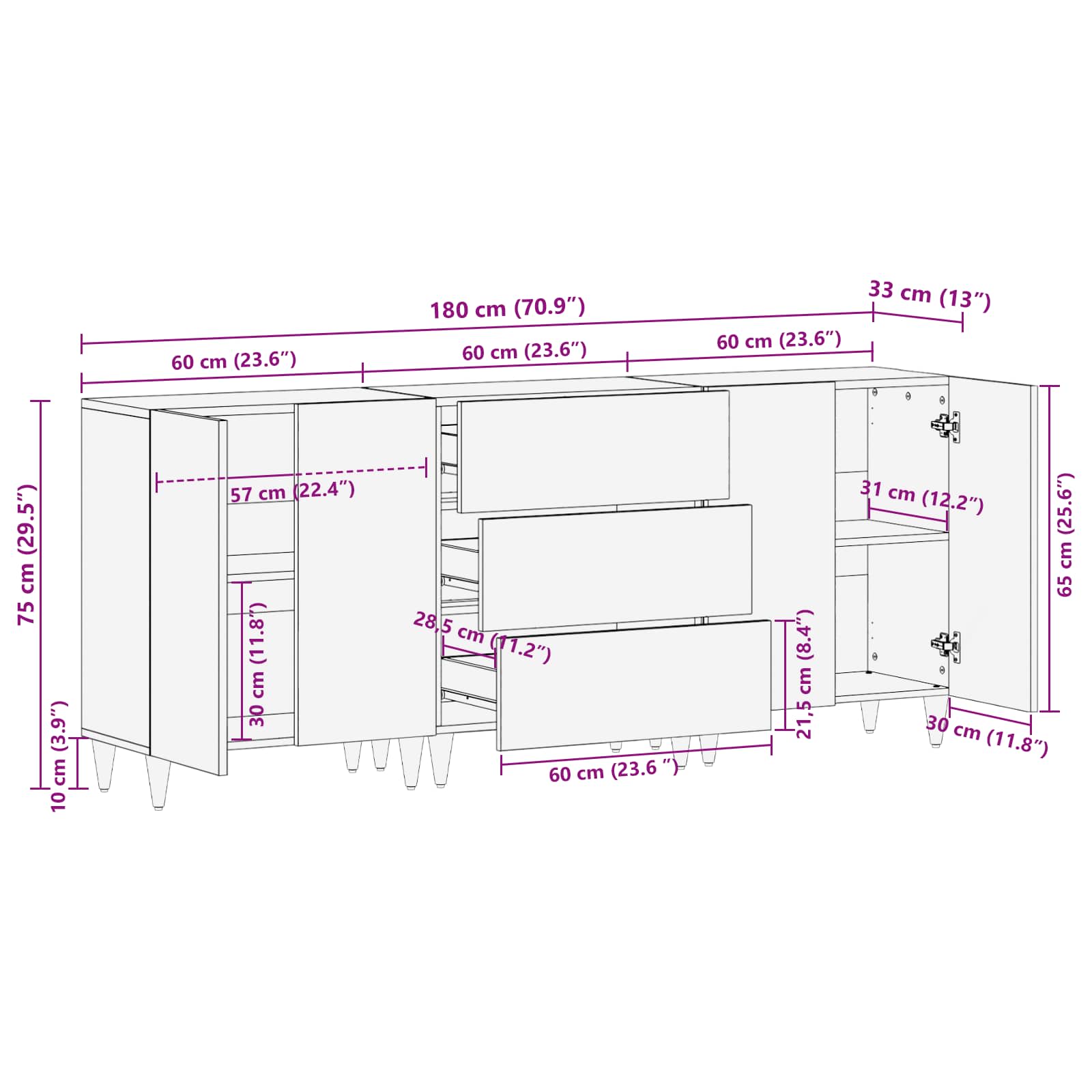 Dressoir 3 Pcs Massief Mango Hout