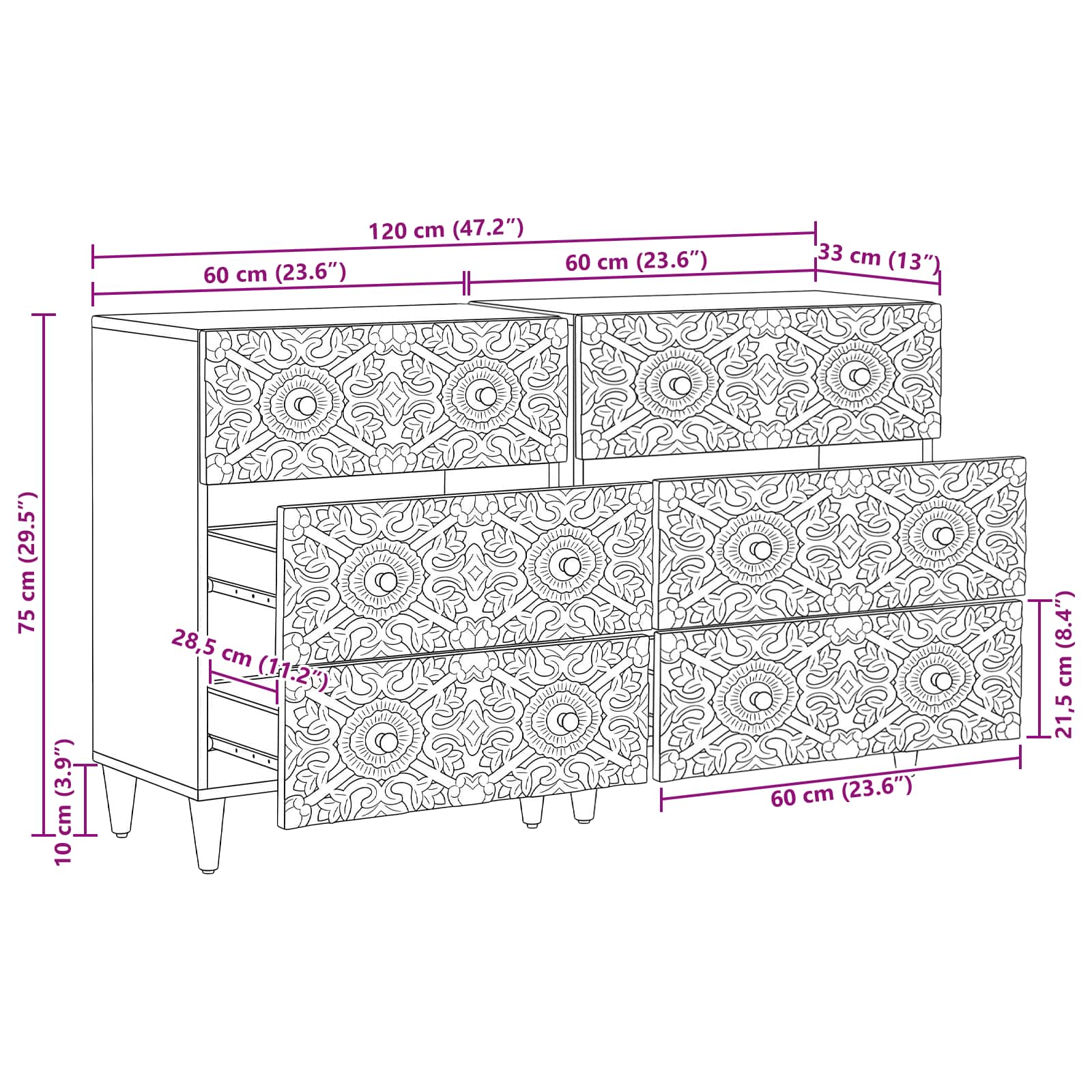 Dressoir 2 pcs Bruin 60 x 33,5 x 75 cm Massief Mango Hout