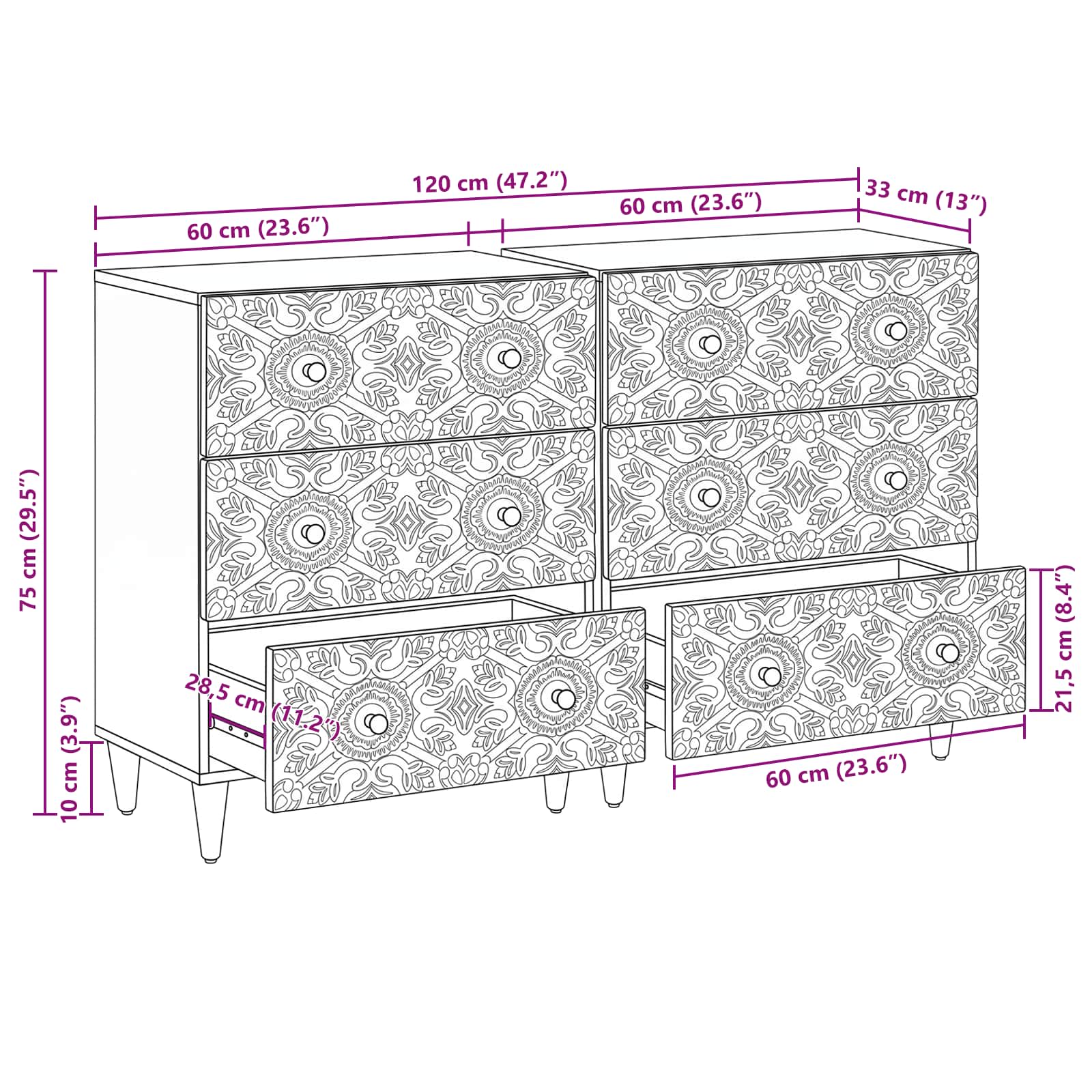 Dressoir 2 pcs Wit 60 x 33,5 x 75 cm Massief Mango Hout