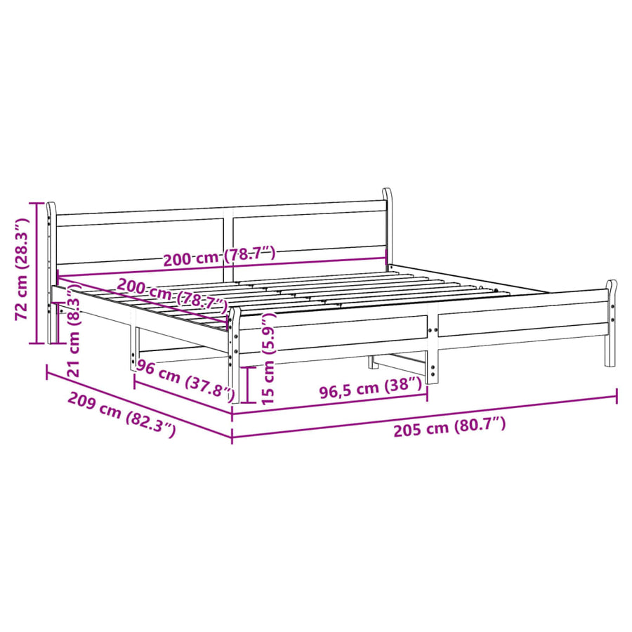 Bedframe zonder matras massief grenenhout wasbruin 200x200 cm