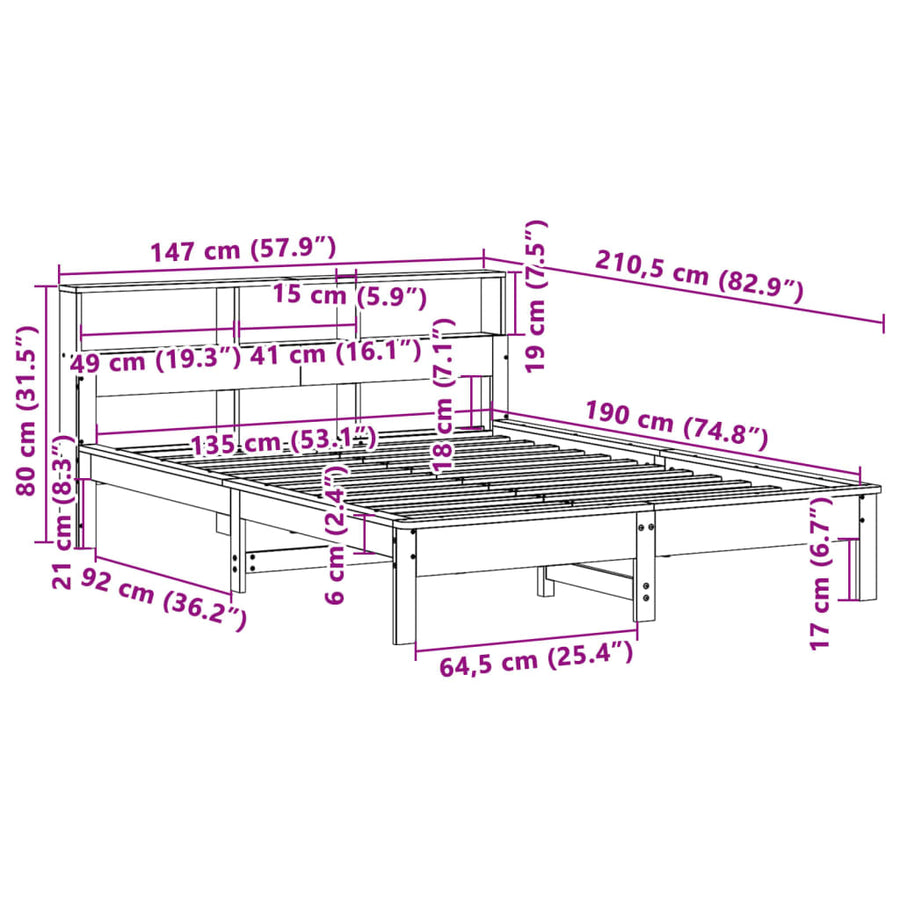 Bedframe zonder matras massief grenenhout 135x190 cm