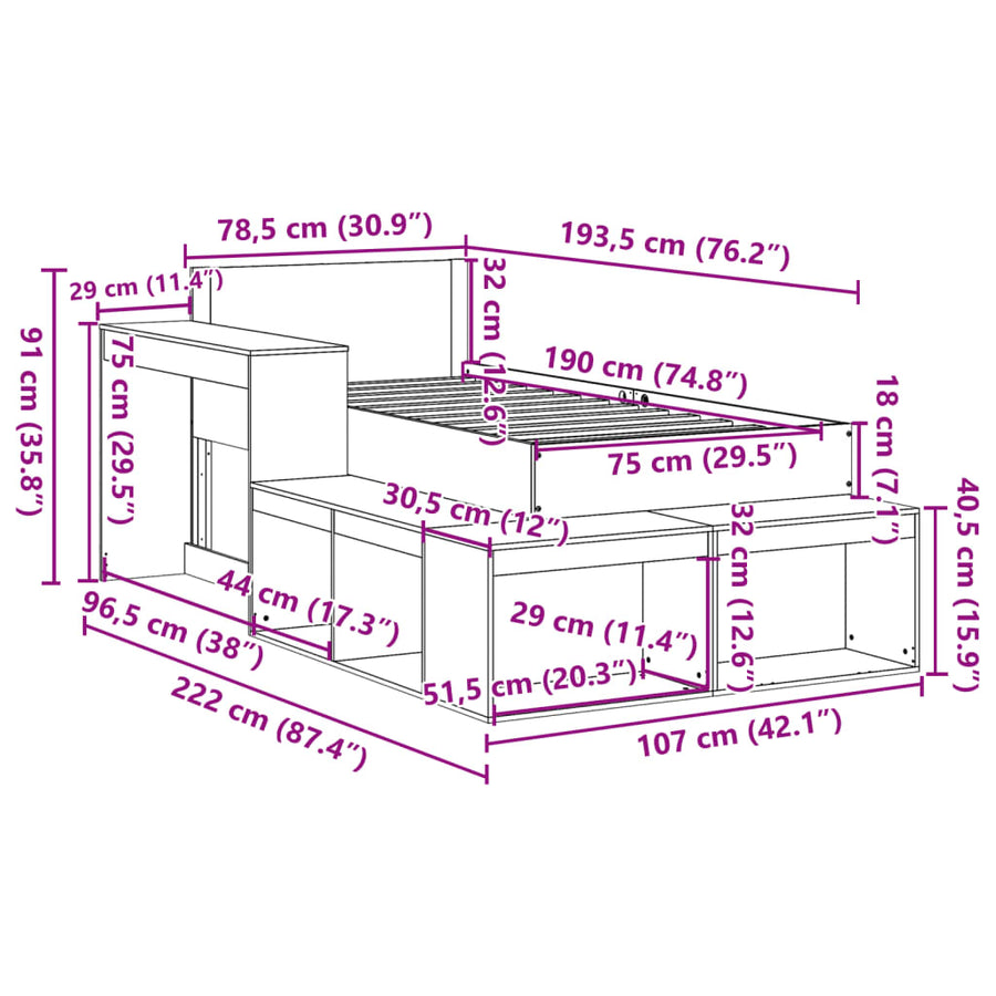 Bedframe zonder matras massief grenenhout wit 75x190 cm