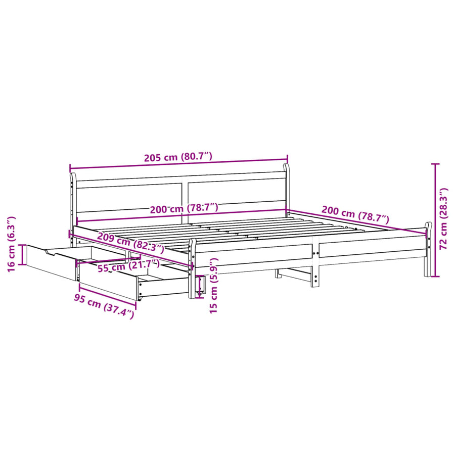 Bedframe zonder matras massief grenenhout wit 200x200 cm