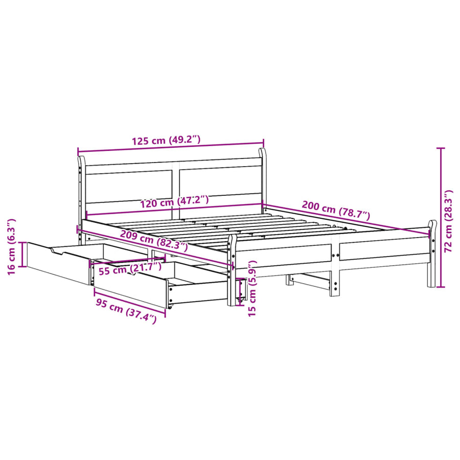 Bedframe zonder matras massief grenenhout wit 120x200 cm