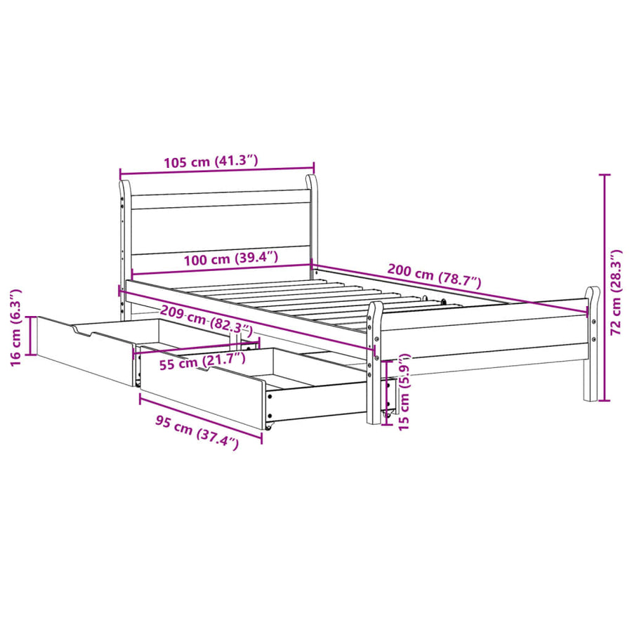 Bedframe zonder matras massief grenenhout wasbruin 100x200 cm