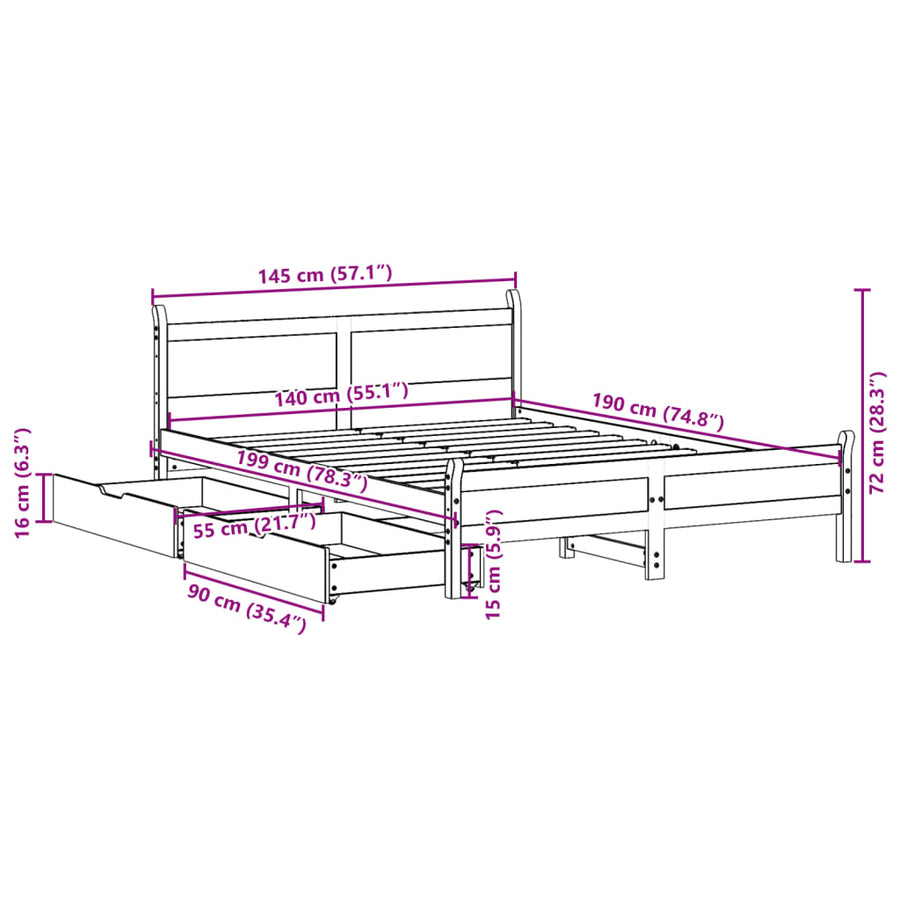 Bedframe zonder matras massief grenenhout wit 140x190 cm