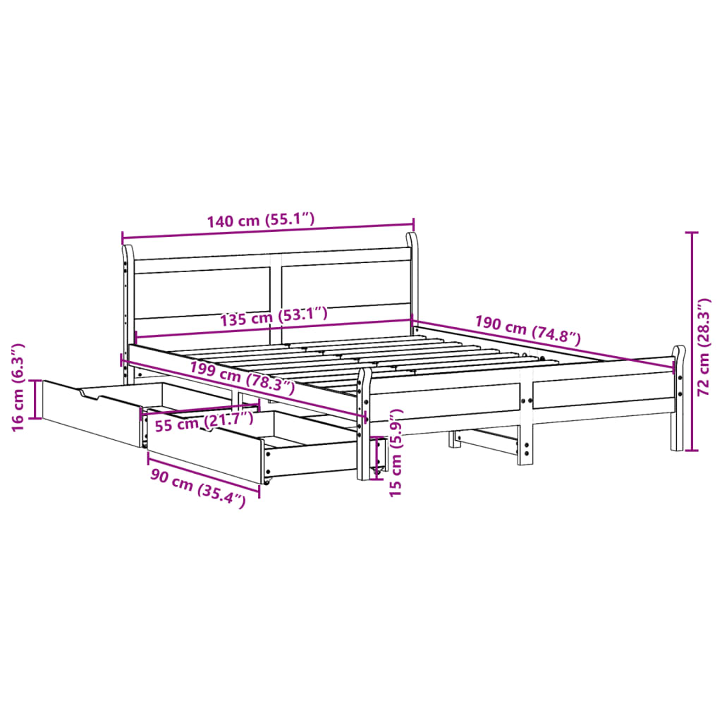 Bedframe zonder matras massief grenenhout wasbruin 135x190 cm