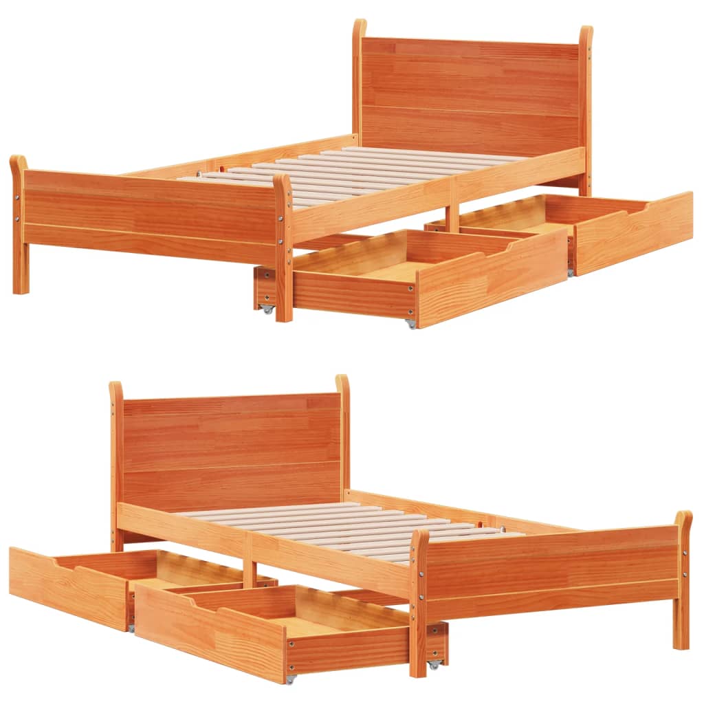 Bedframe zonder matras massief grenenhout wasbruin 75x190 cm