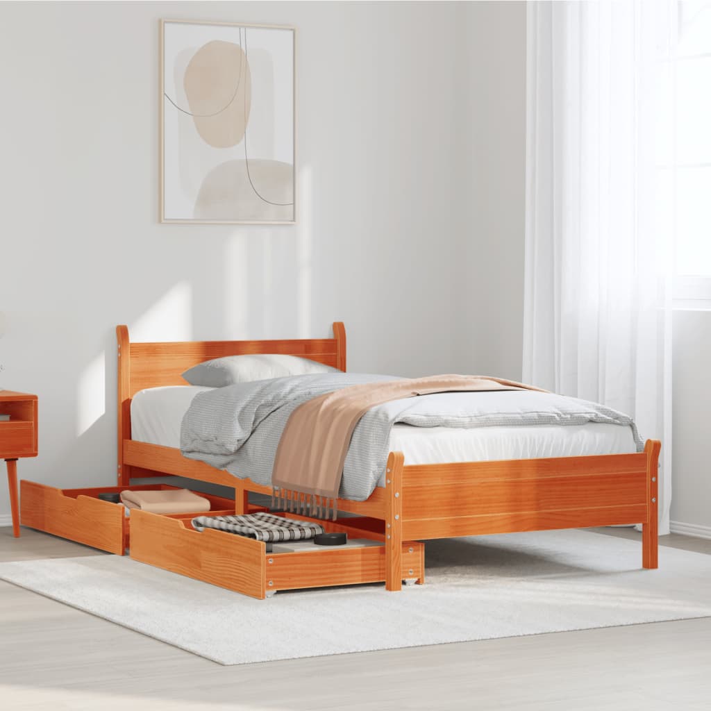 Bedframe zonder matras massief grenenhout wasbruin 75x190 cm
