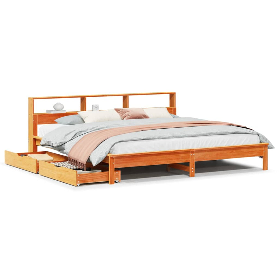 Bed met boekenkast zonder matras grenenhout wasbruin 200x200 cm