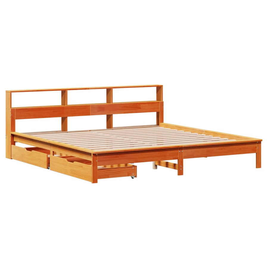Bed met boekenkast zonder matras grenenhout wasbruin 200x200 cm