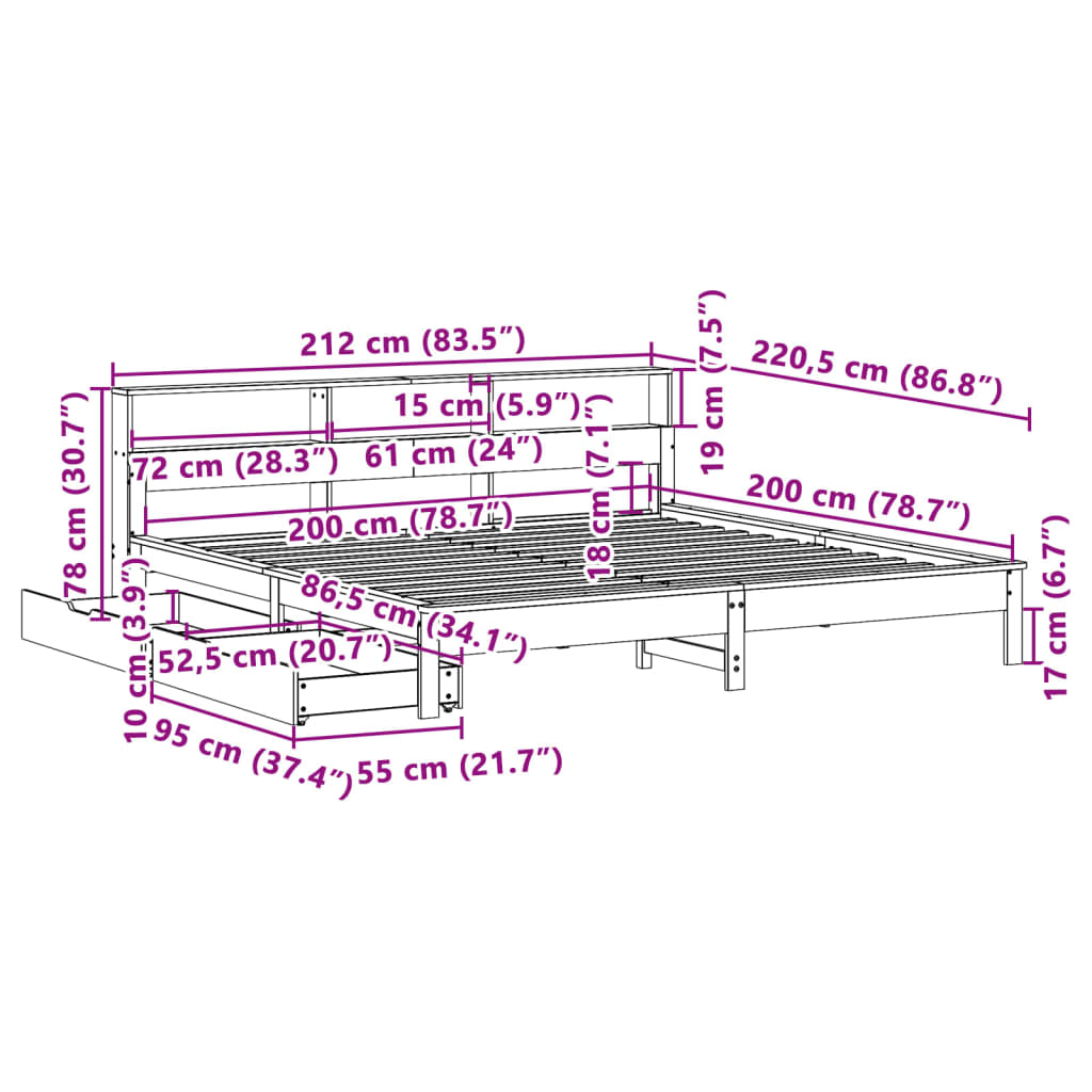 Bed met boekenkast zonder matras grenenhout wasbruin 200x200 cm