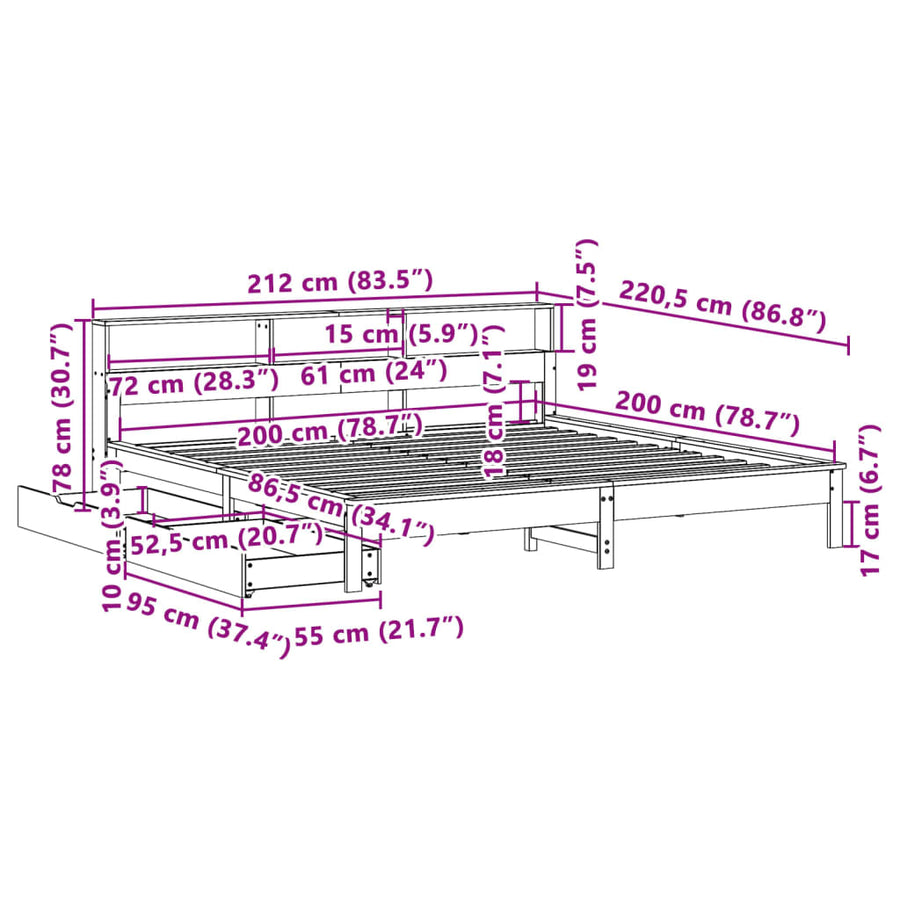 Bed met boekenkast zonder matras grenenhout wasbruin 200x200 cm