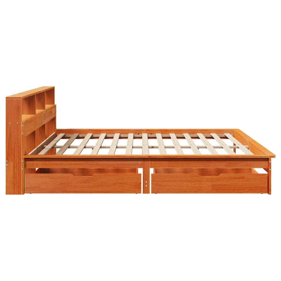 Bed met boekenkast zonder matras grenenhout wasbruin 200x200 cm