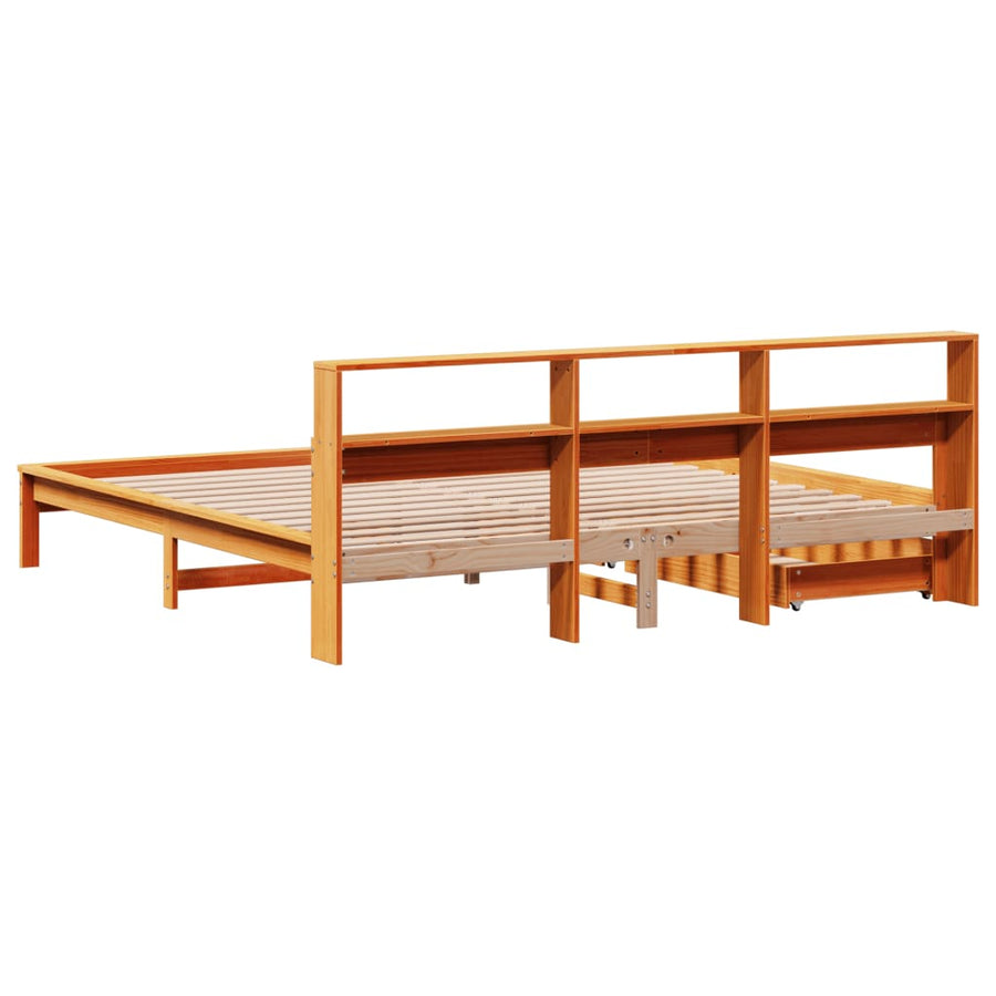 Bed met boekenkast zonder matras grenenhout wasbruin 200x200 cm