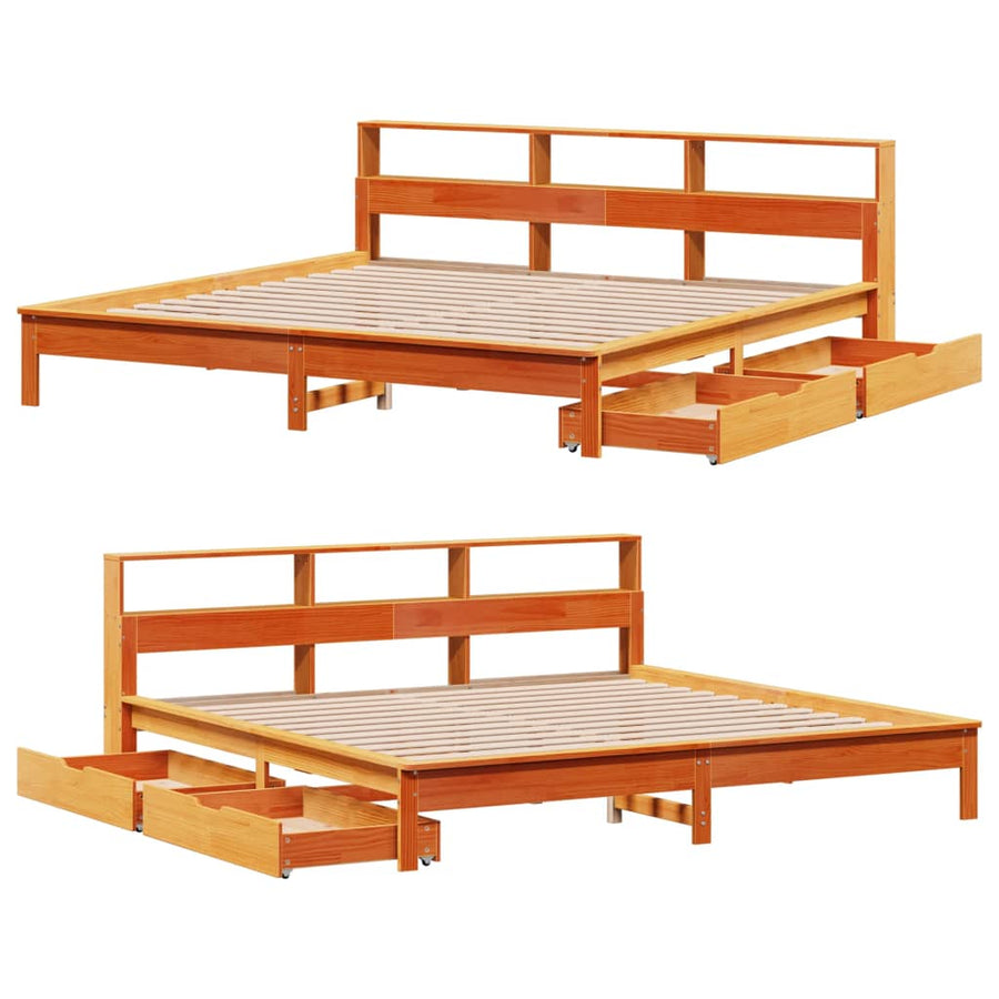 Bed met boekenkast zonder matras grenenhout wasbruin 200x200 cm