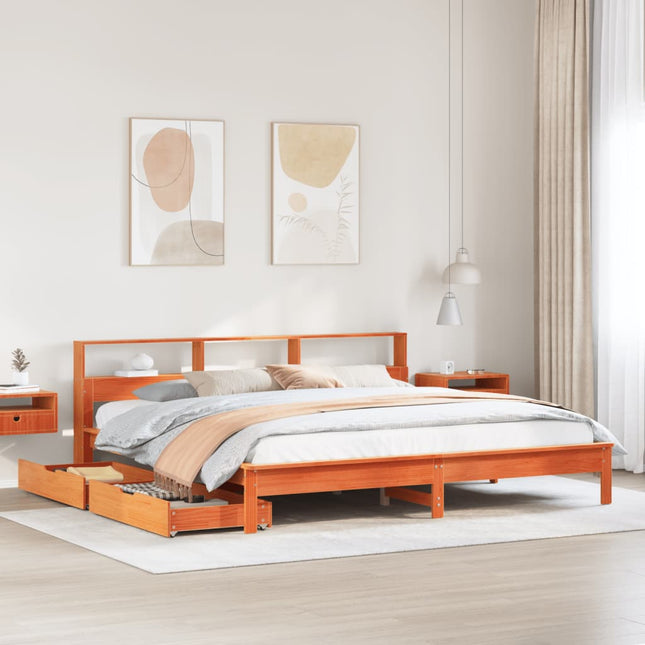 Bed met boekenkast zonder matras grenenhout wasbruin 180x200 cm