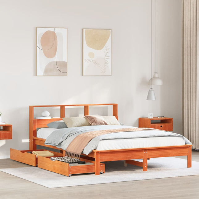 Bed met boekenkast zonder matras grenenhout wasbruin 160x200 cm