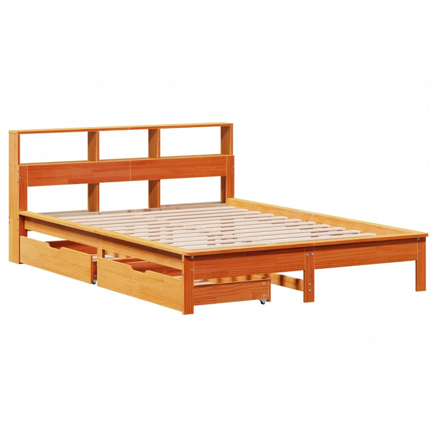 Bed met boekenkast zonder matras grenenhout wasbruin 150x200 cm