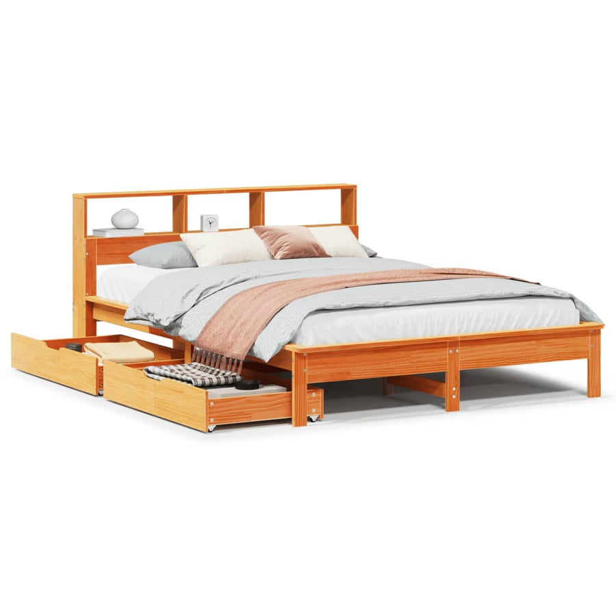 Bed met boekenkast zonder matras grenenhout wasbruin 140x200 cm