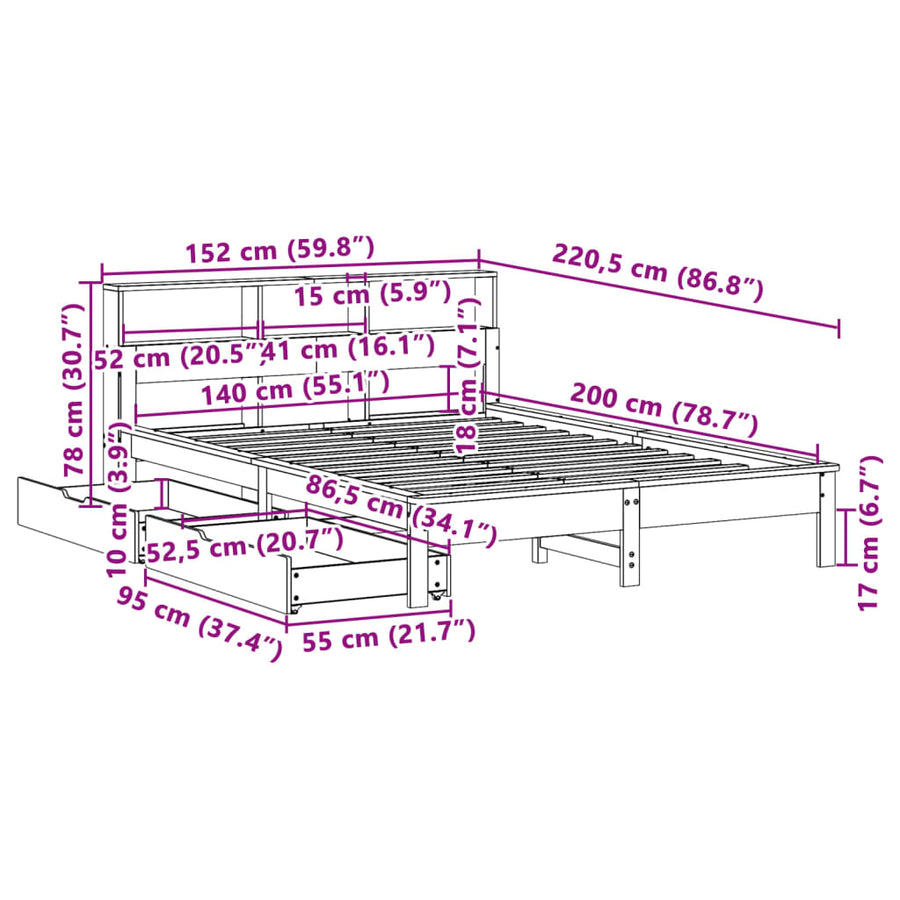 Bed met boekenkast zonder matras grenenhout wasbruin 140x200 cm