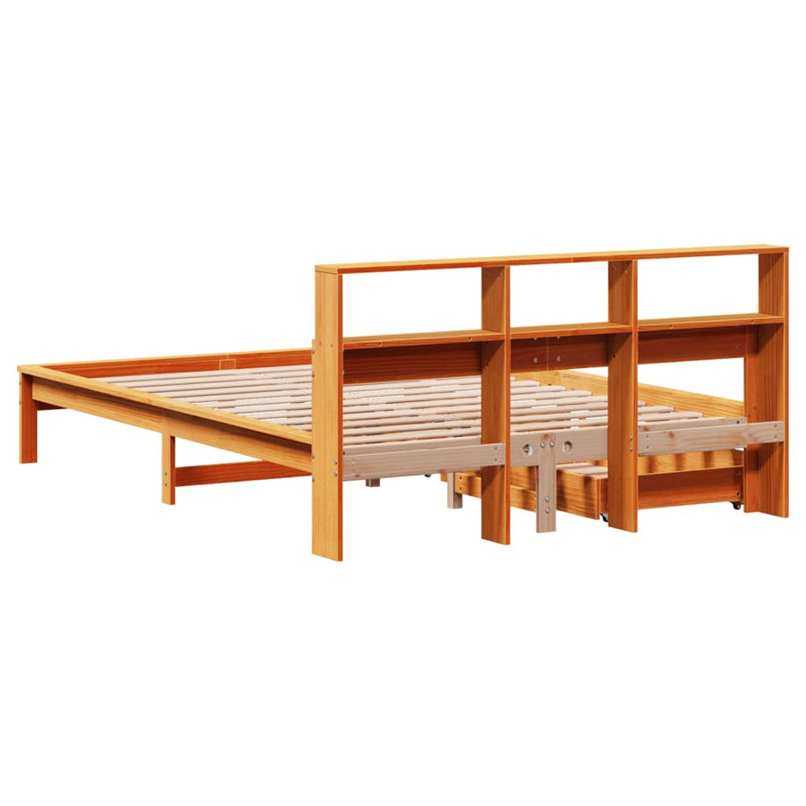 Bed met boekenkast zonder matras grenenhout wasbruin 140x200 cm