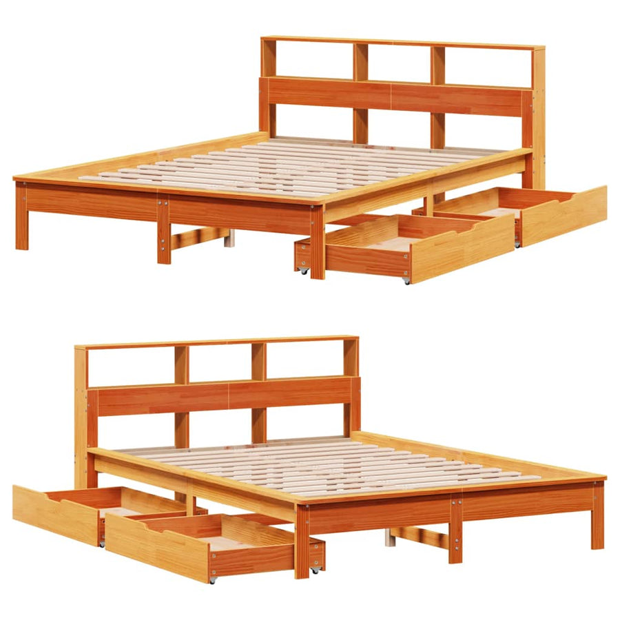 Bed met boekenkast zonder matras grenenhout wasbruin 140x200 cm