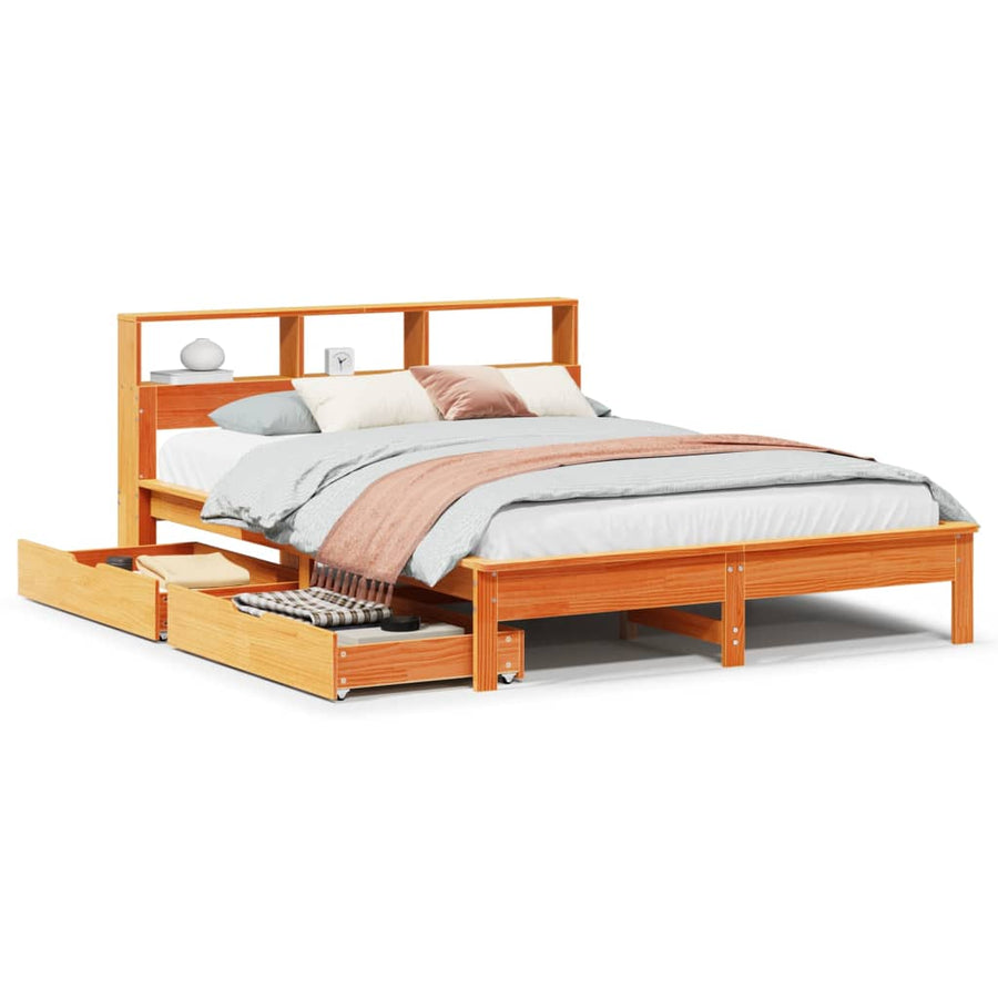 Bed met boekenkast zonder matras grenenhout wasbruin 120x200 cm