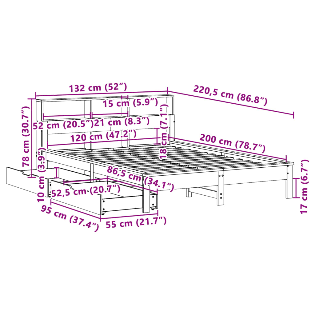 Bed met boekenkast zonder matras grenenhout wasbruin 120x200 cm