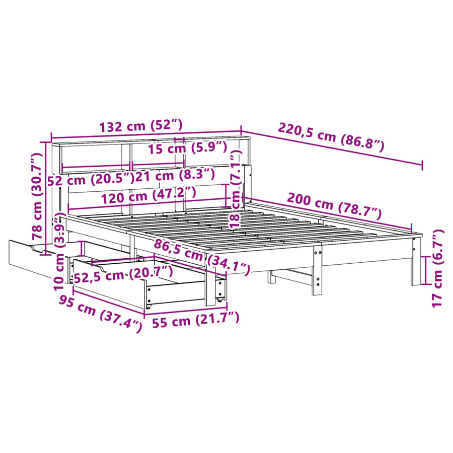 Bed met boekenkast zonder matras grenenhout wasbruin 120x200 cm