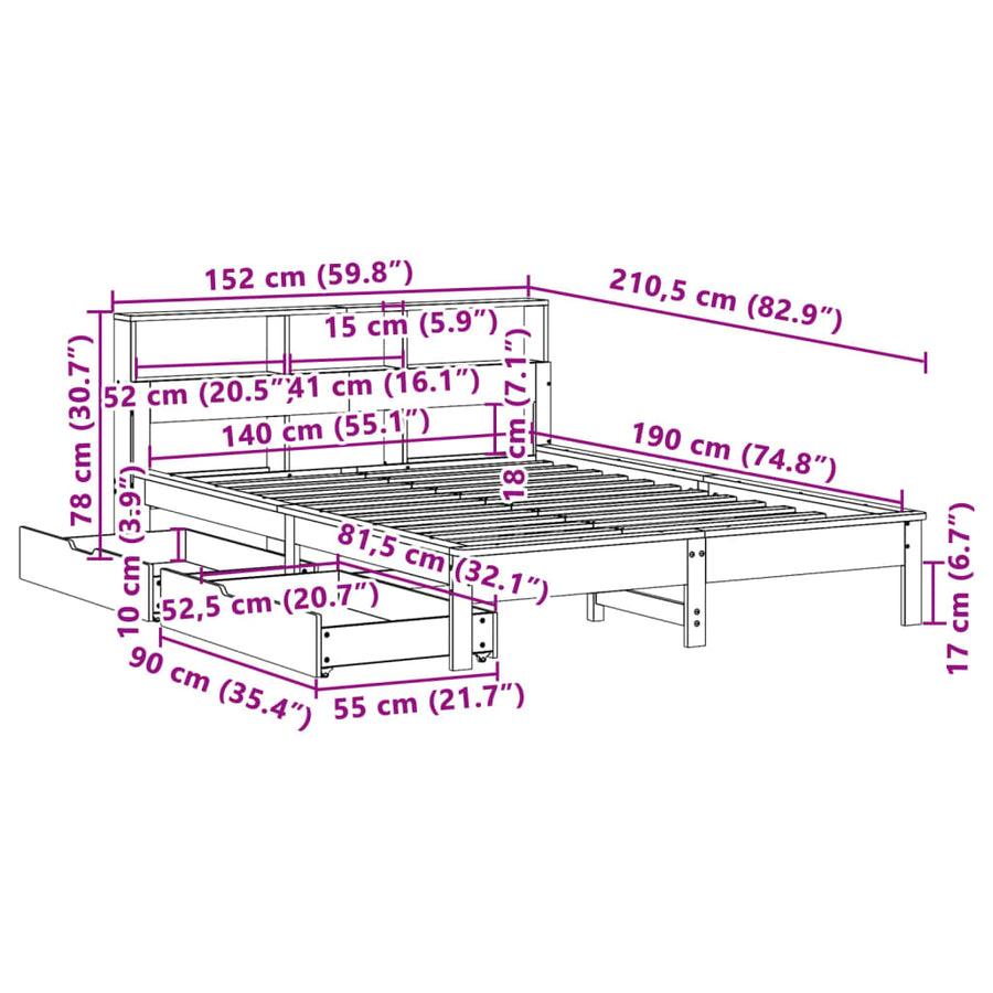 Bed met boekenkast zonder matras grenenhout wit 140x190 cm