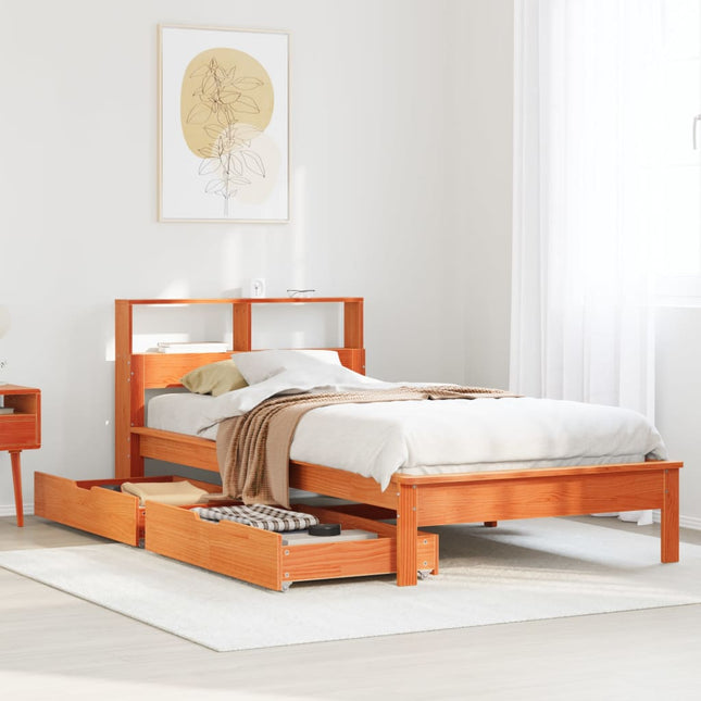 Bed met boekenkast zonder matras grenenhout wasbruin 90x190 cm