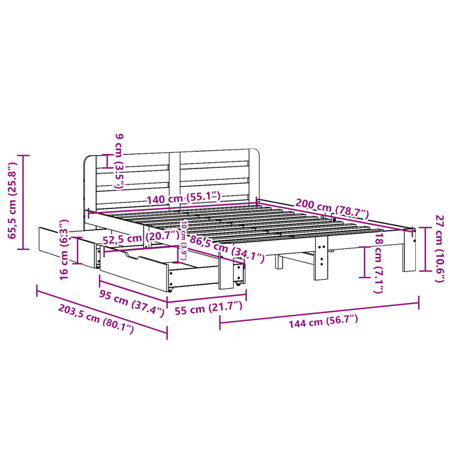 Bedframe zonder matras massief grenenhout wasbruin 140x200 cm