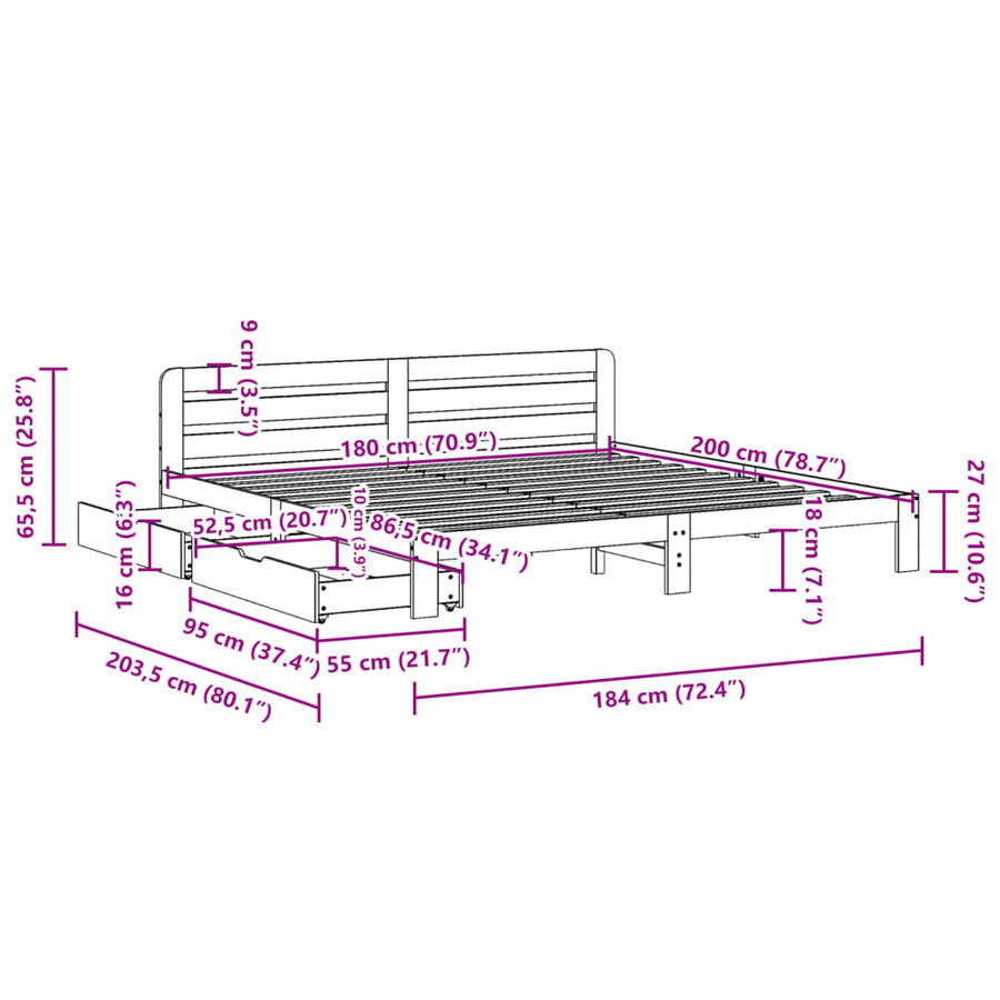 Bedframe zonder matras massief grenenhout wasbruin 180x200 cm