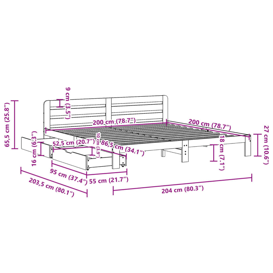 Bedframe zonder matras massief grenenhout wasbruin 200x200 cm