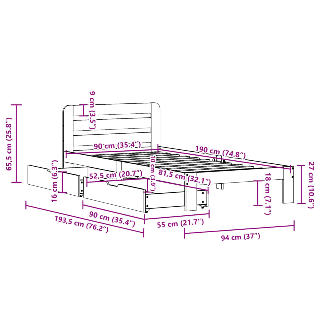 Bedframe zonder matras massief grenenhout wasbruin 90x190 cm