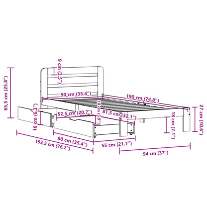 Bedframe zonder matras massief grenenhout wasbruin 90x190 cm