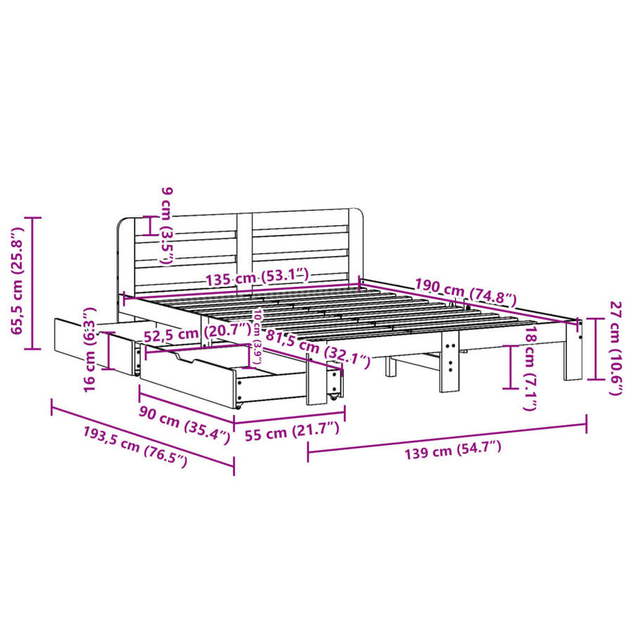 Bedframe zonder matras massief grenenhout wit 135x190 cm