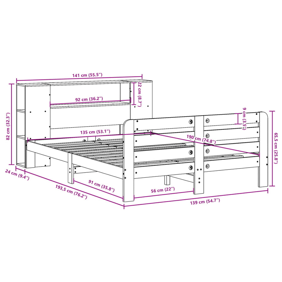 Bedframe zonder matras massief grenenhout 135x190 cm