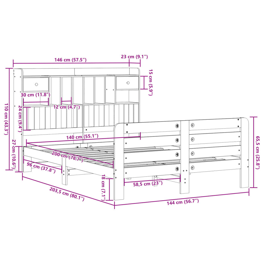 Bed met boekenkast zonder matras grenenhout wit 140x200 cm
